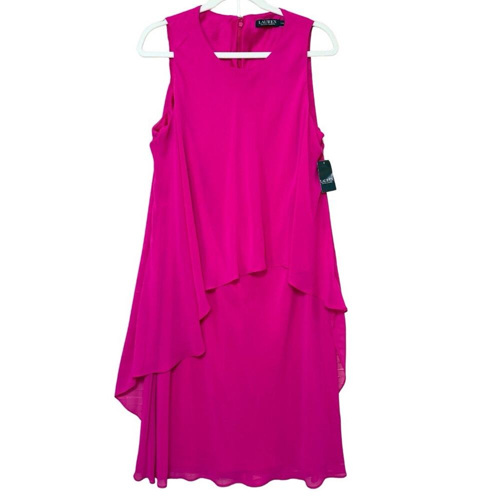 LRL Ralph Lauren Asymmetric Tiered Dress Size 14W Tropical Pink Sleeveless NWT